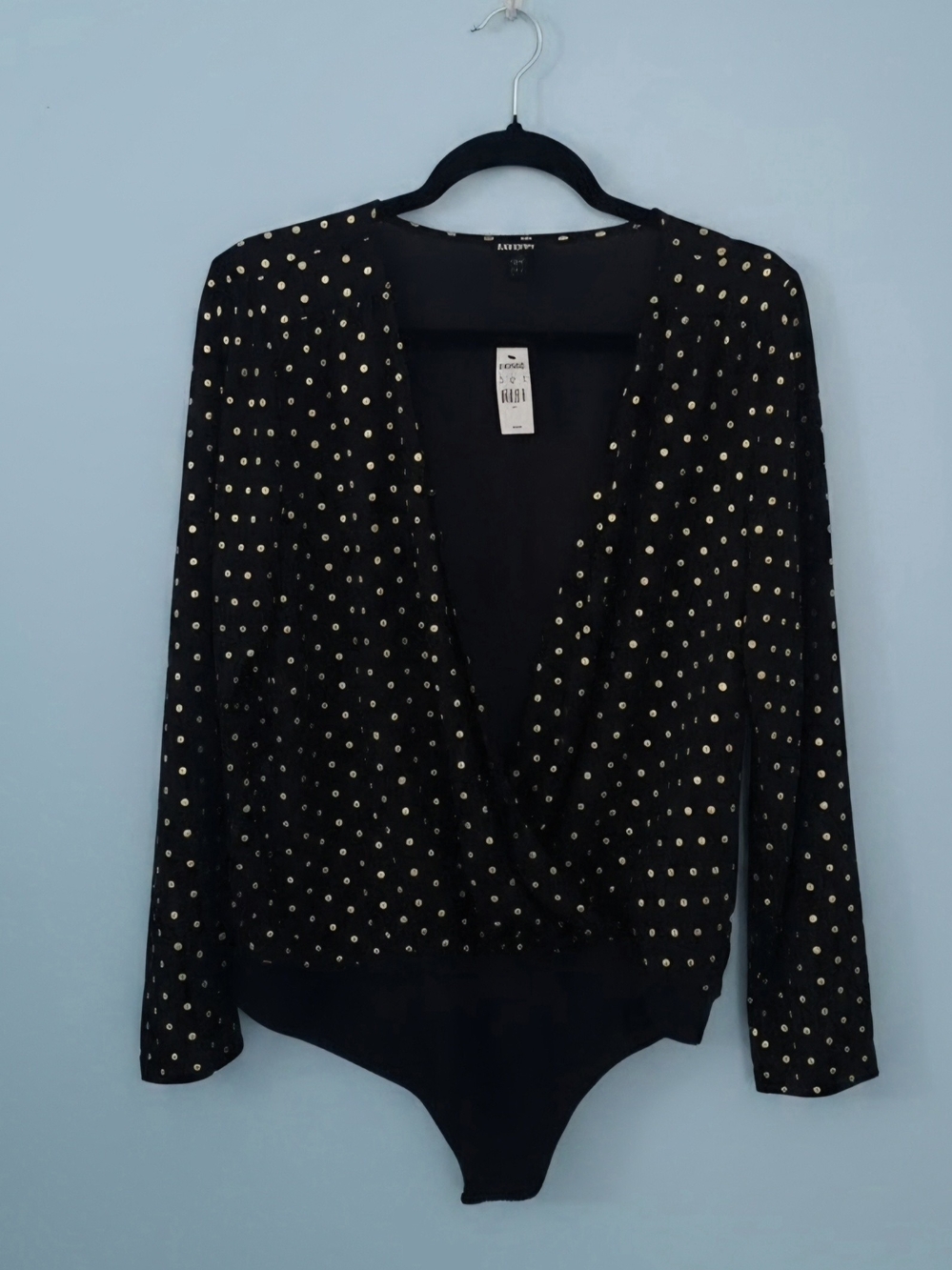 Express Black Bodysuit with Gold Metallic Dots